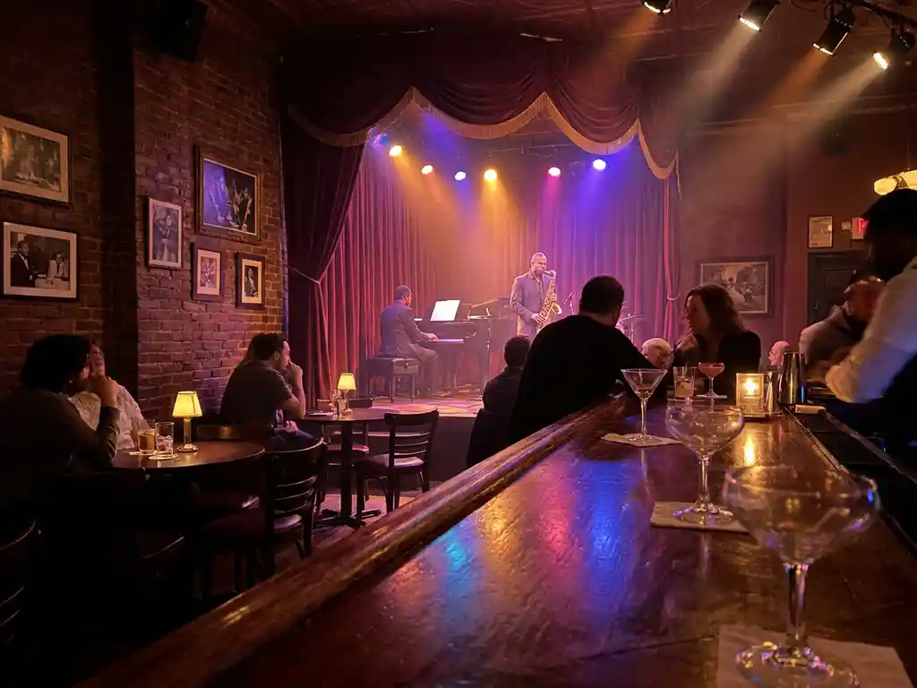 Intiem jazzclub interieur met verlicht podium in amber en violet licht, fluwelen gordijnen, houten bar en cocktailglazen in bordeauxrode sfeer.