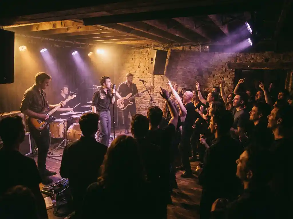 Liveband op klein podium met amber en paars licht, energiek publiek op houten dansvloer in underground muziekzaal.