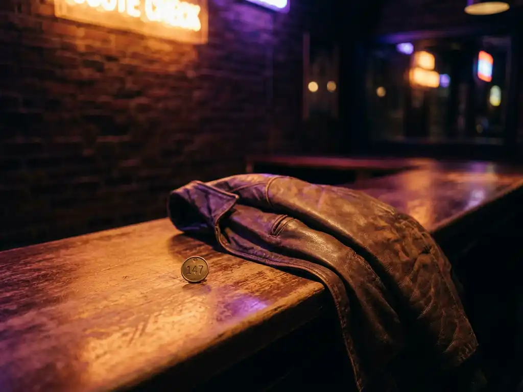Versleten leren jack op vintage garderobebalie met messing token, badend in amber en violet neonlicht, underground club sfeer.