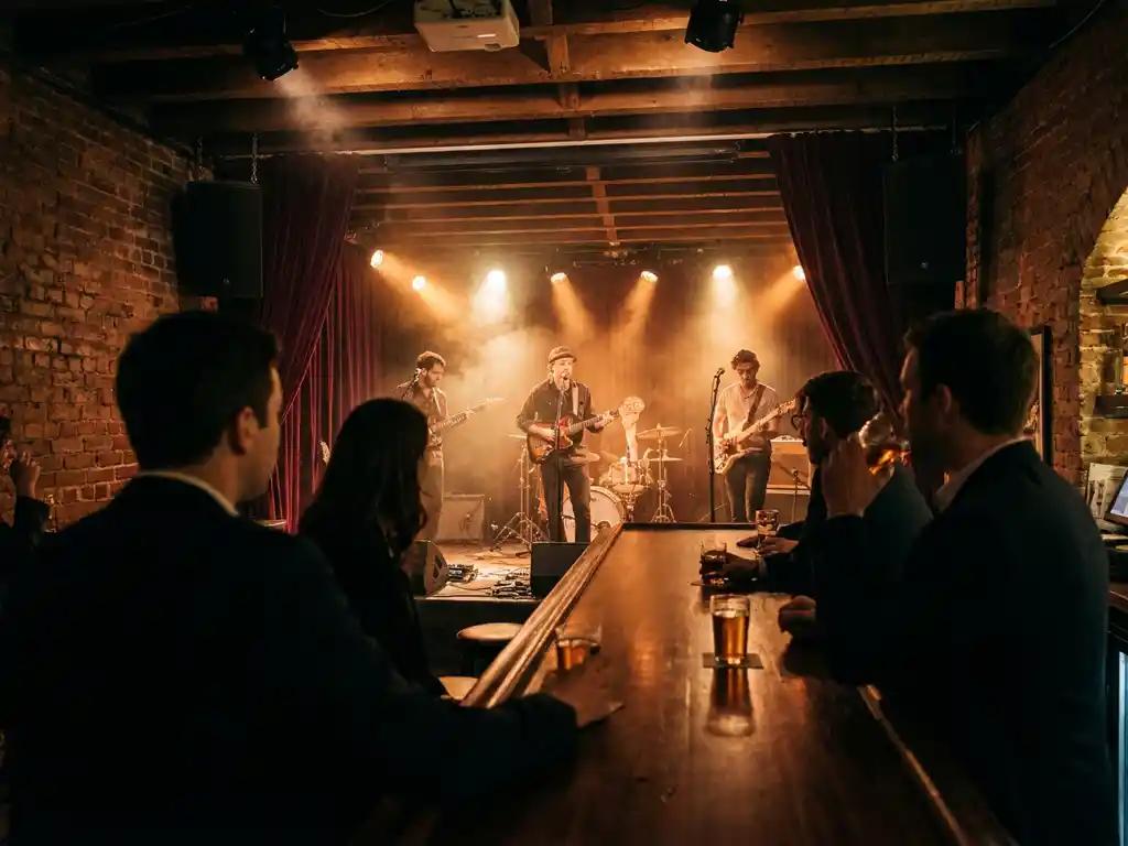 Liveband op verlicht podium in intiem underground café, gasten aan donkere houten bar op voorgrond, gouden spotlights en bakstenen muren.
