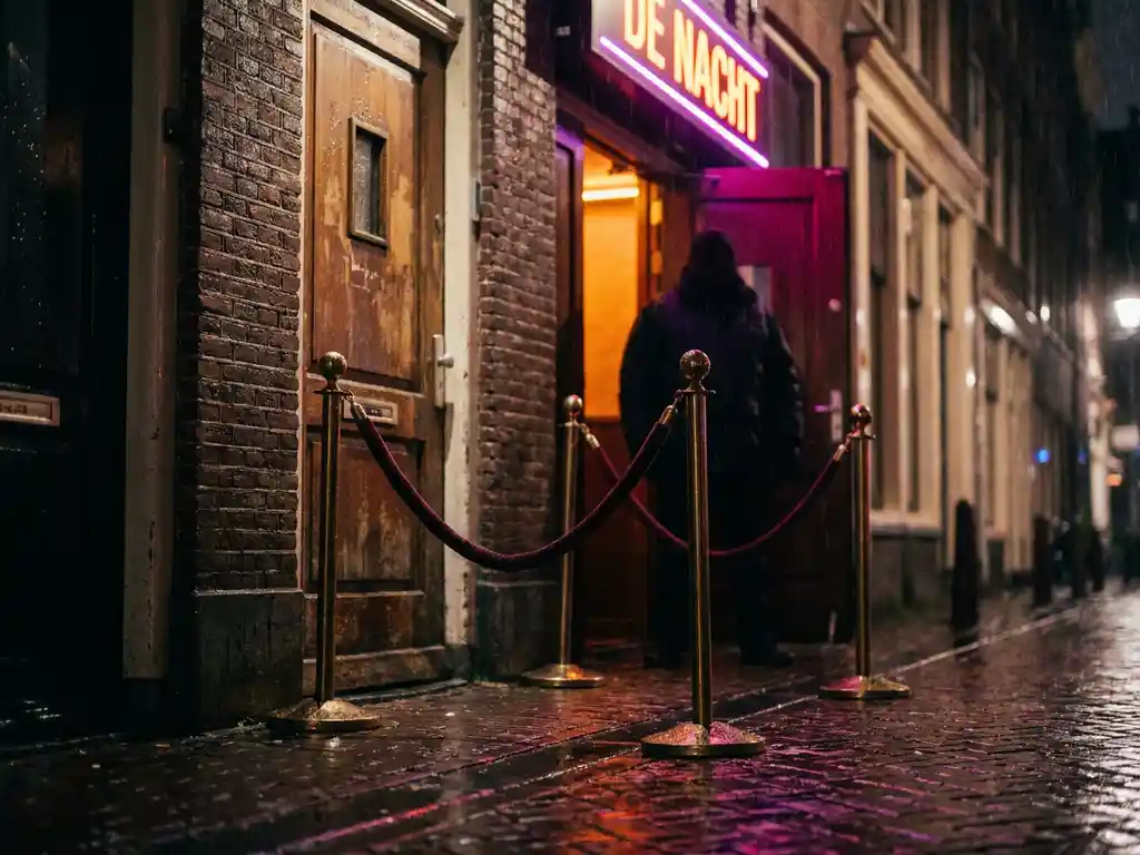 Fluwelen touw bij ingang van Amsterdams nachtclub, bewaker in amberkleurig neonlicht, regennat kinderhoofdjes reflecteren magenta gloed.