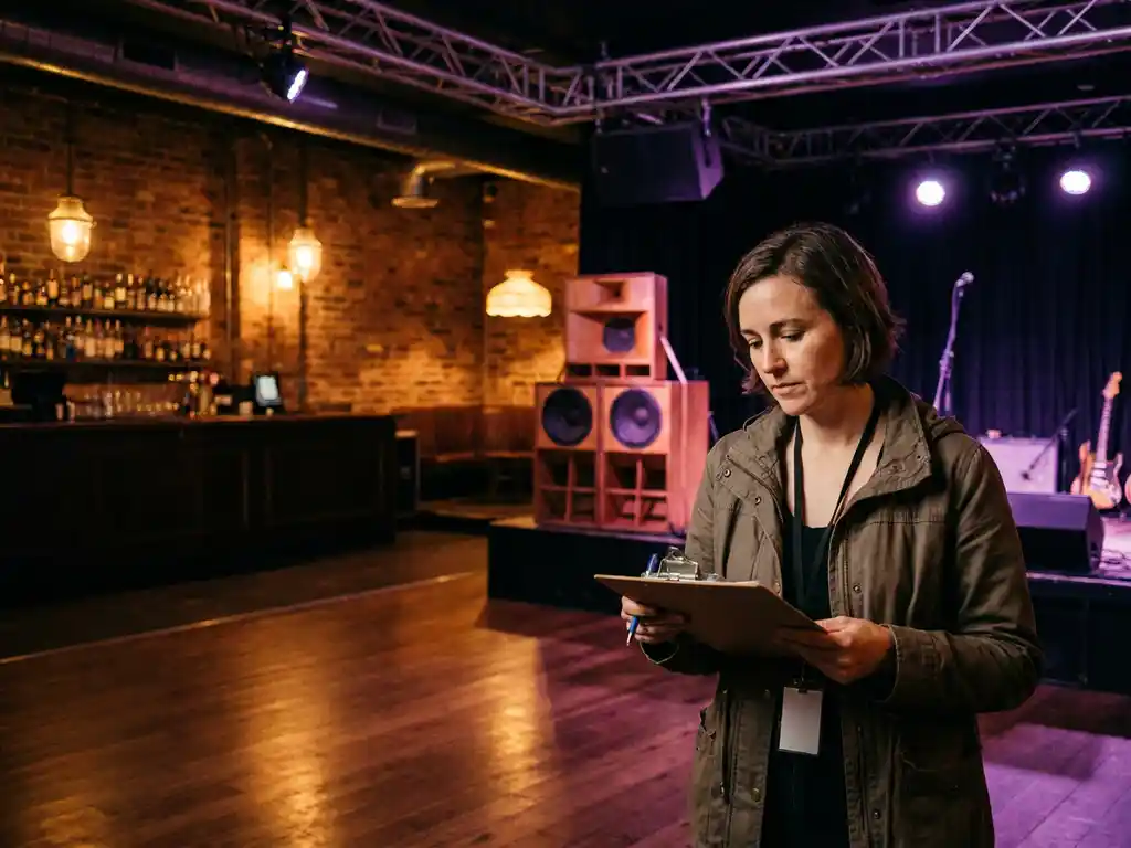 Eventorganisator controleert klembord backstage in Amsterdams muziekcafé, omgeven door bakstenen muren en warm amberkleurig podiumlicht.