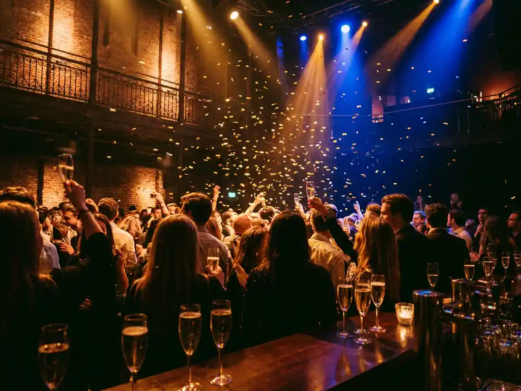 Gouden confetti boven een volle dansvloer in een Amsterdamse zaal tijdens oud en nieuw, met amberkleurig podiumlicht en champagneglazen op de bar.