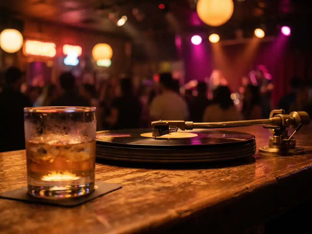 Vintage platennaalden op draaiende vinyl plaat op houten bar, met beslagen glas whisky op de voorgrond en warme neonverlichting in underground club.