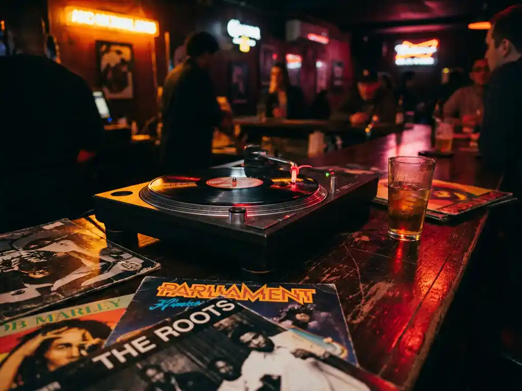 Vintage platenspeler naald op draaiende vinyl plaat, omringd door hip-hop en reggae albumhoezen op versleten houten bardek, neonoranje sfeerverlichting.