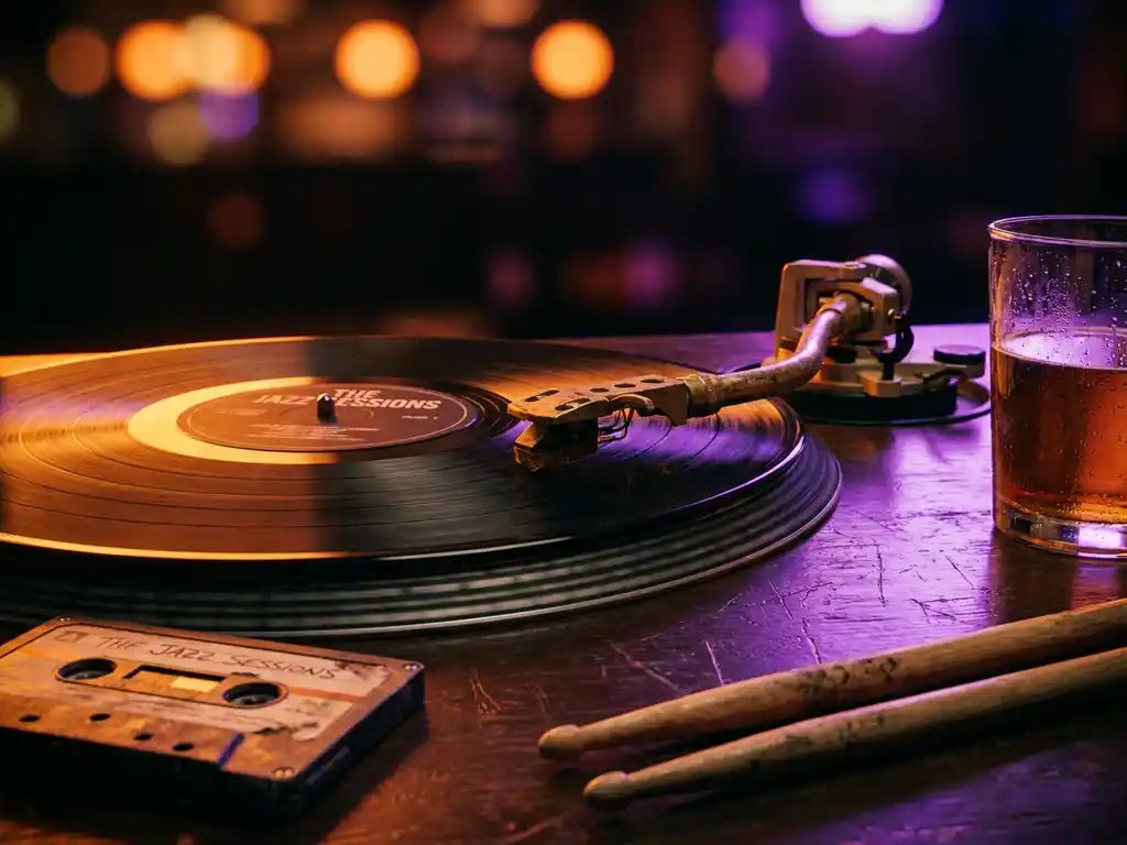 Vintage platenspeler naald op draaiende vinyl, omringd door cassettebandje, drumstokken en amberkleurig drankje op donker houten bartafel met neonverlichting.