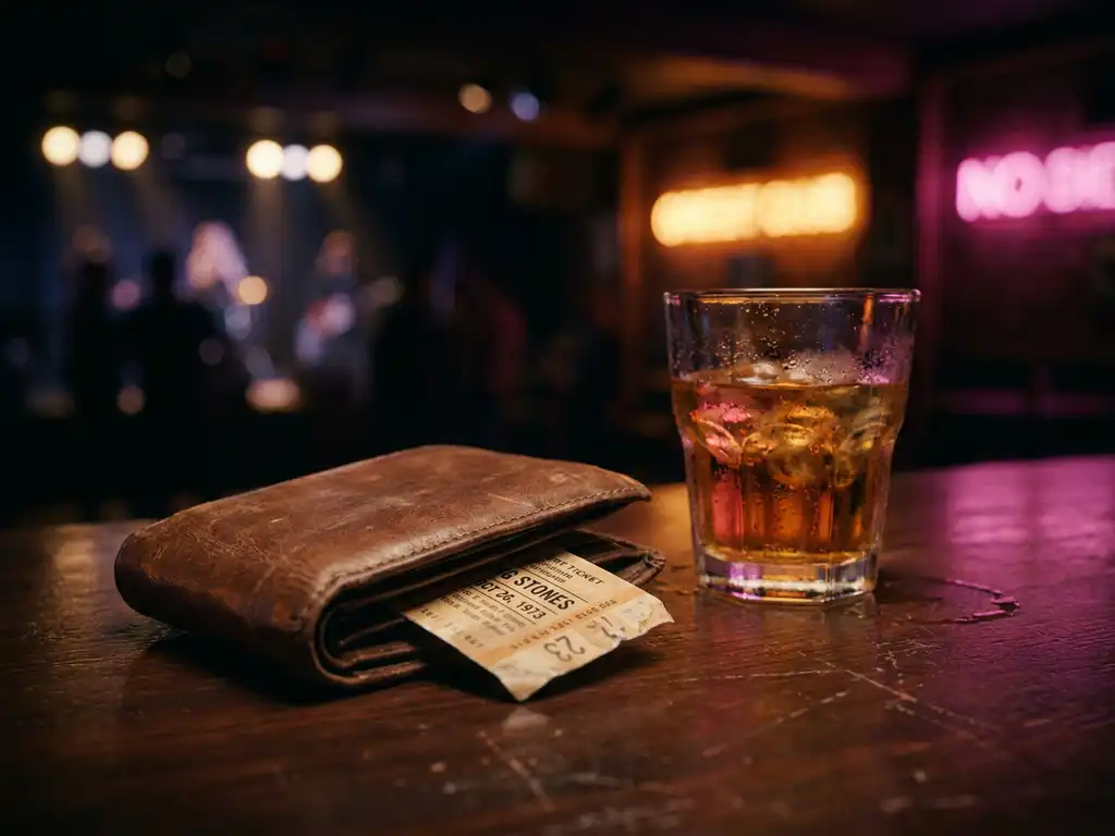 Vintage concertticket half in een versleten leren portemonnee op een donkere bartafel, naast een beslagen glas amber drank in neonlicht.