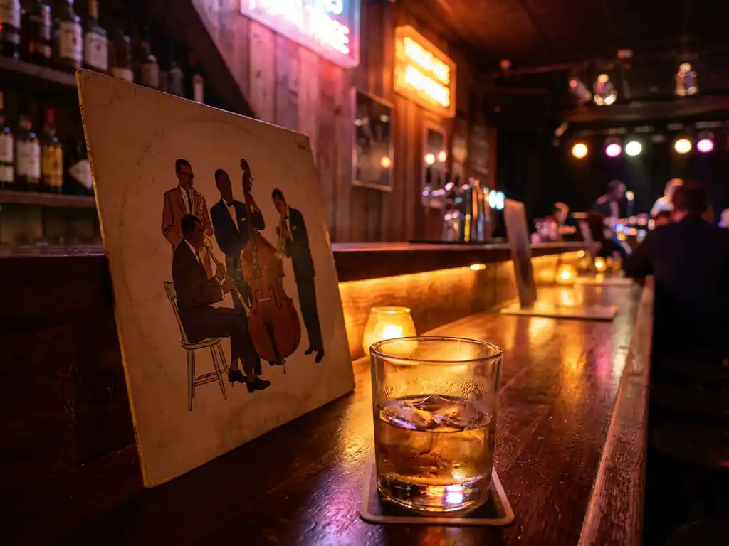 Vintage platenhoes tegen een verlichte bartoog in een Amsterdams nachtclub, met een berijpt glas amber drankje en roze neongloed.