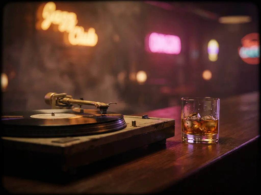 Vintage platenwisselnaald op vinylplaat naast een glas whiskey met ijs, warme neongloed in underground jazzclub.