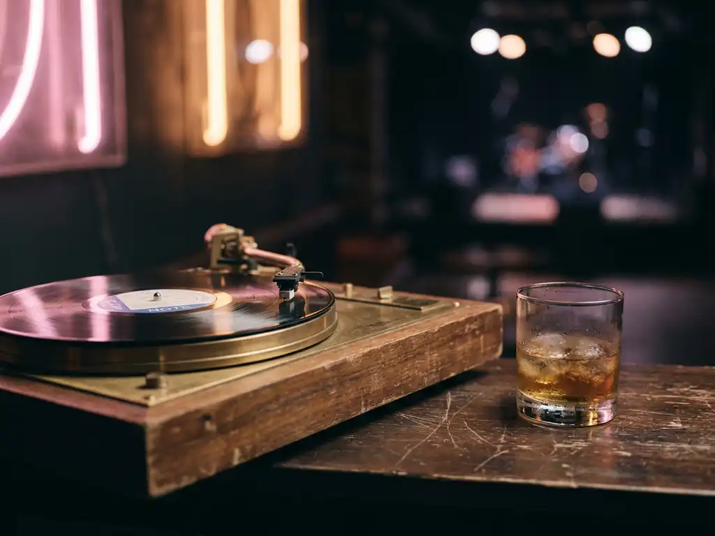 Vintage platenwisselaar naald op vinylplaat op een versleten houten bar, naast een glas whiskey, in sfeervol neonroze en amberkleurig licht.