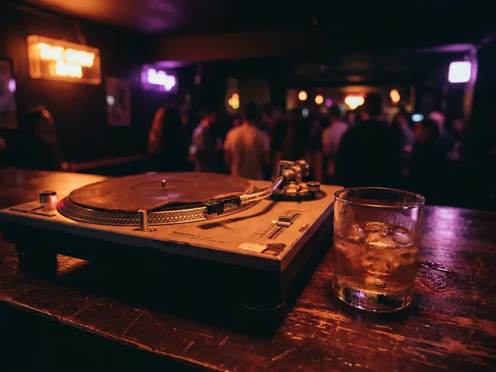 Vintage platenspeler en whiskeyglas met ijs op donker houten bar, verlicht door amber en magenta neonlicht in intieme underground club.