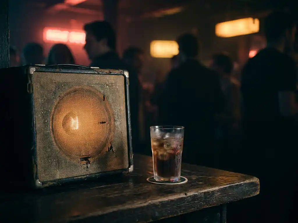 Vintage speaker met amberkleurig podiumlicht en beslagen drankglas op donkere houten bar in Amsterdamse underground club.