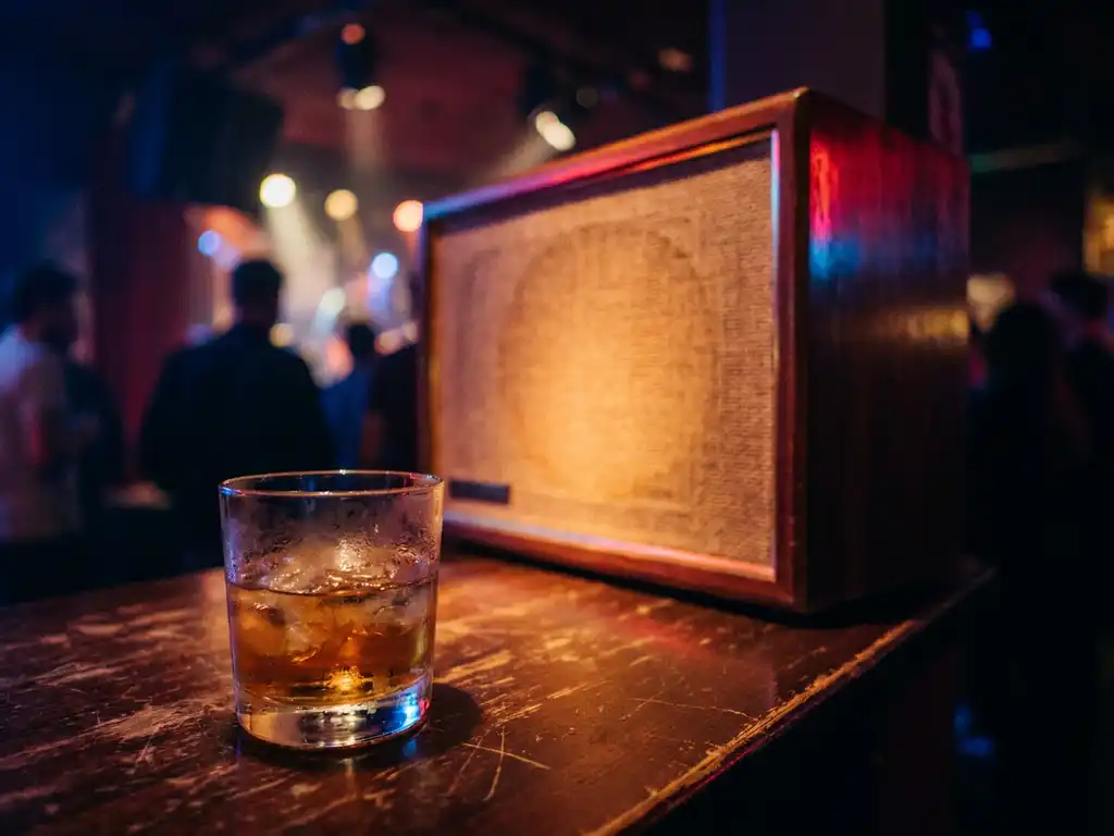Vintage speaker met warm ambergloed op een versleten houten bartop, ijskoud drankje op de voorgrond, sfeervol Amsterdams clubpubliek op de achtergrond.
