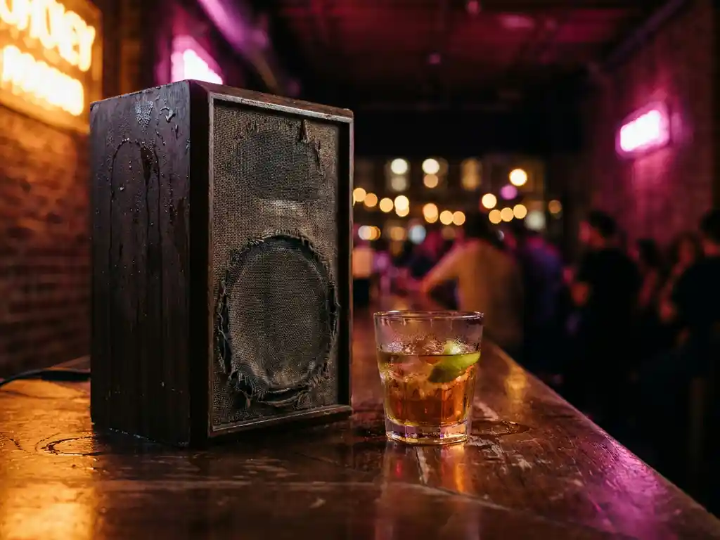 Vintage speaker en cocktailglas met ijs op een donkere barkroonbaar, badend in neonlicht van een Amsterdamse underground club.