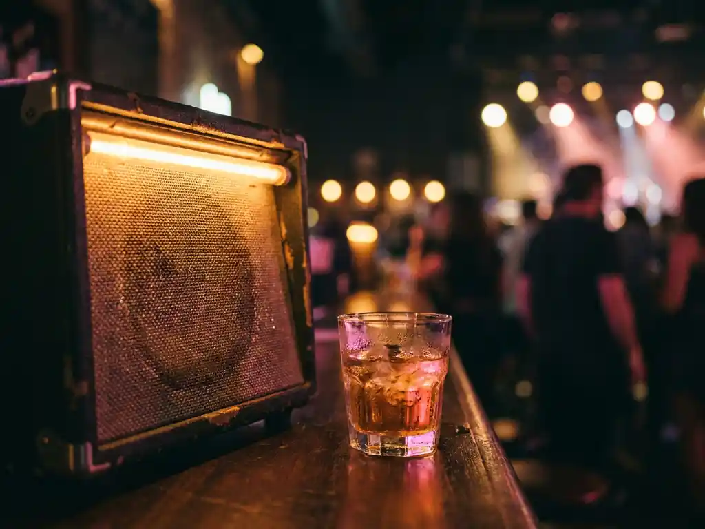 Vintage speaker met ambergloed op donkere bartafel naast beslagen glas, neonroze en oranje reflecties, intieme clubsfeer op de achtergrond.