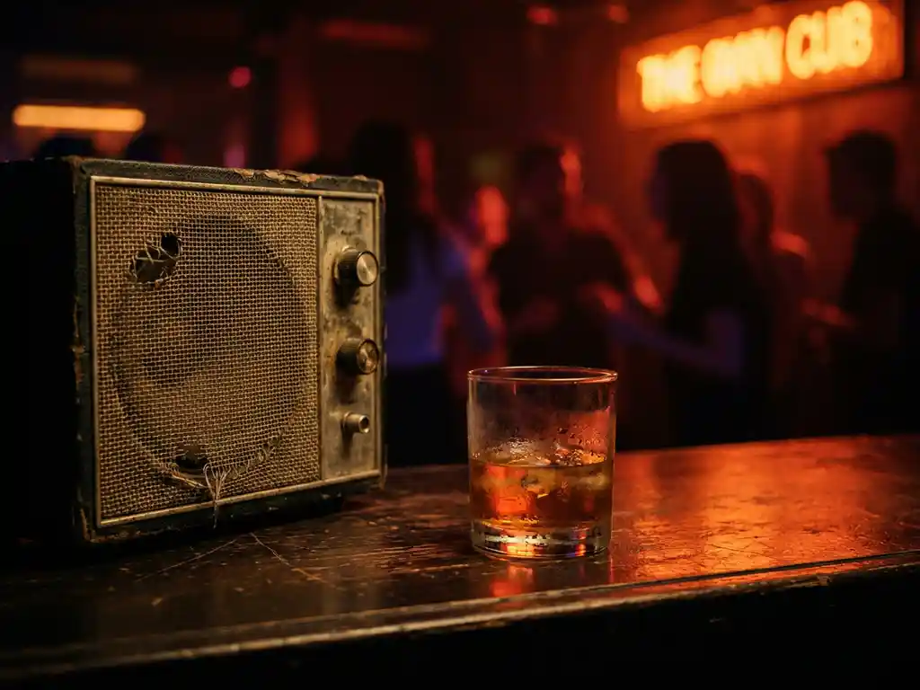 Verouderde speaker op donkere houten bar naast whiskey met ijs in amberkleurig neonlicht, dansende silhouetten op de achtergrond.