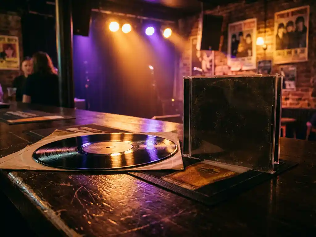 Vinyl plaat en cd-hoes op een houten bar in een Amsterdamse muziekclub, verlicht door warm amber en paars podiumlicht.
