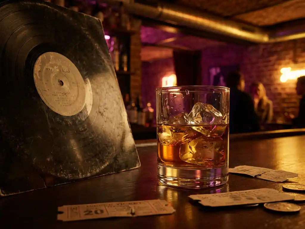 Vinyl plaat leunend tegen een glas whisky met ijs, neonverlichting in warme amber- en magentatinten in een Amsterdams clubinterieur.