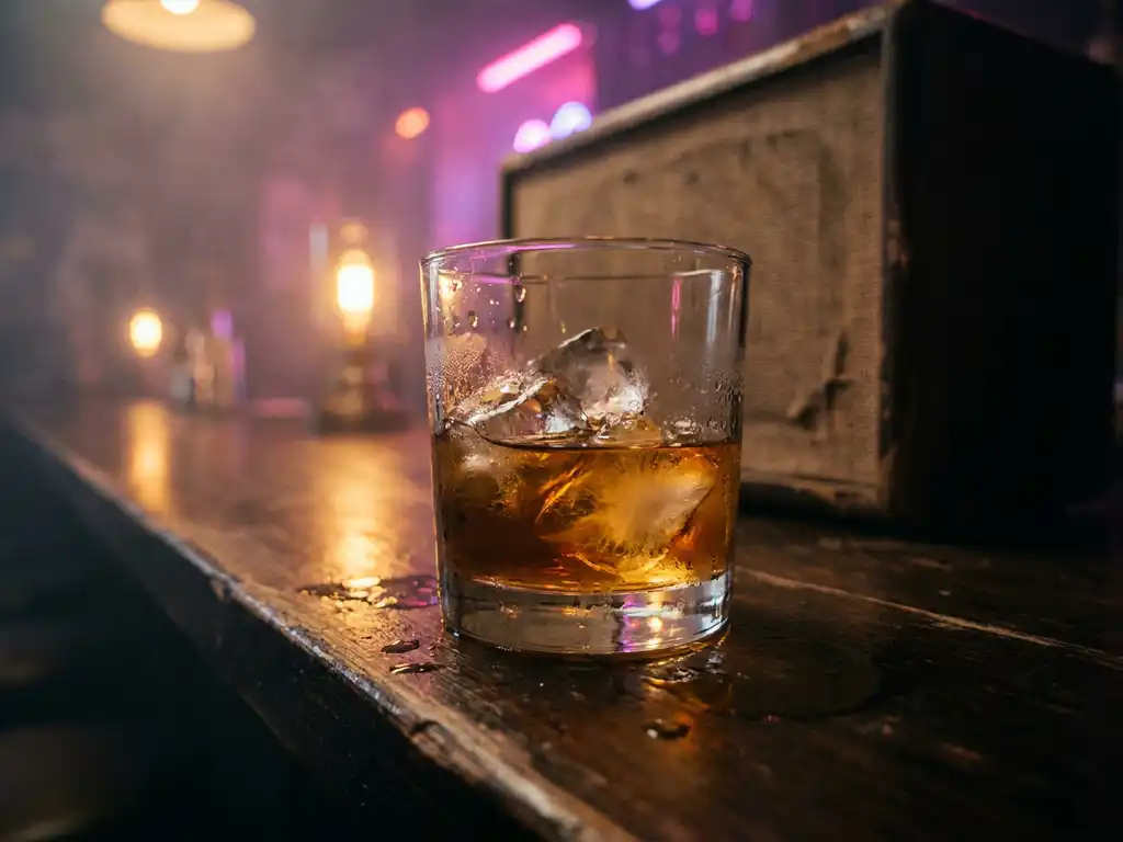 Beslagen whiskyglas met smeltend ijs op donker houten bar, omhuld door amberkleurig en neonroze licht in een intieme clubsfeer.