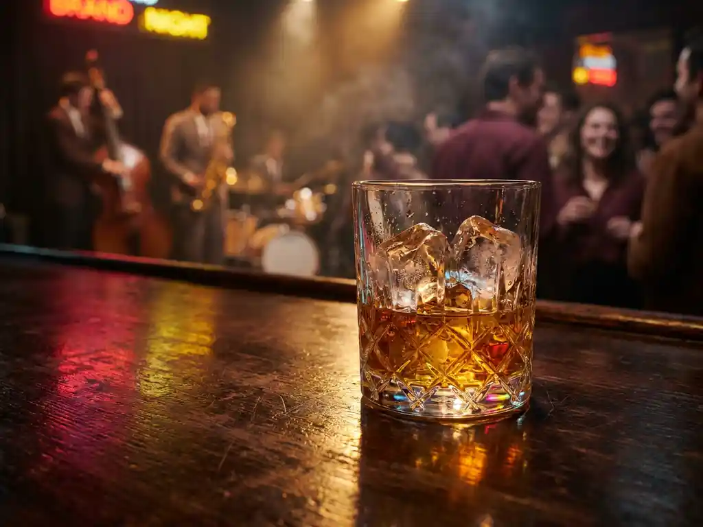 Amber whiskeyglas met ijsblokjes op donker houten bar, neonreflecties en liveband op intiem podium op de achtergrond.