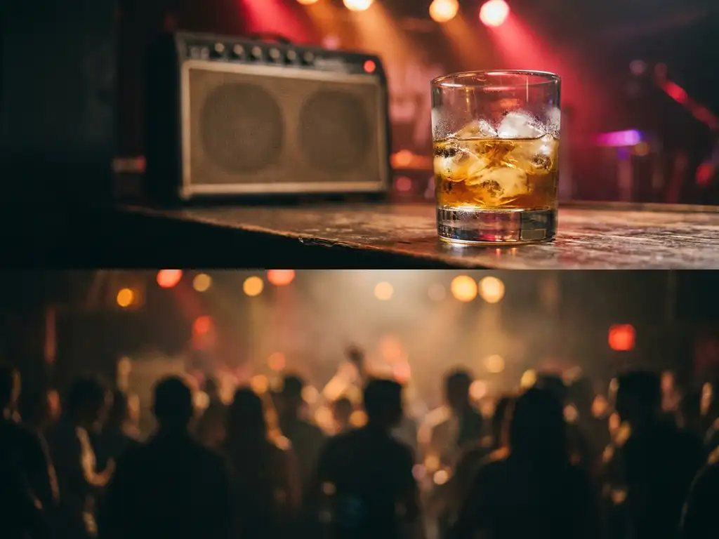 Bevroren whiskyglas op donker houten bar met bokeh-lichten en menigte silhouetten in sfeervol underground club.