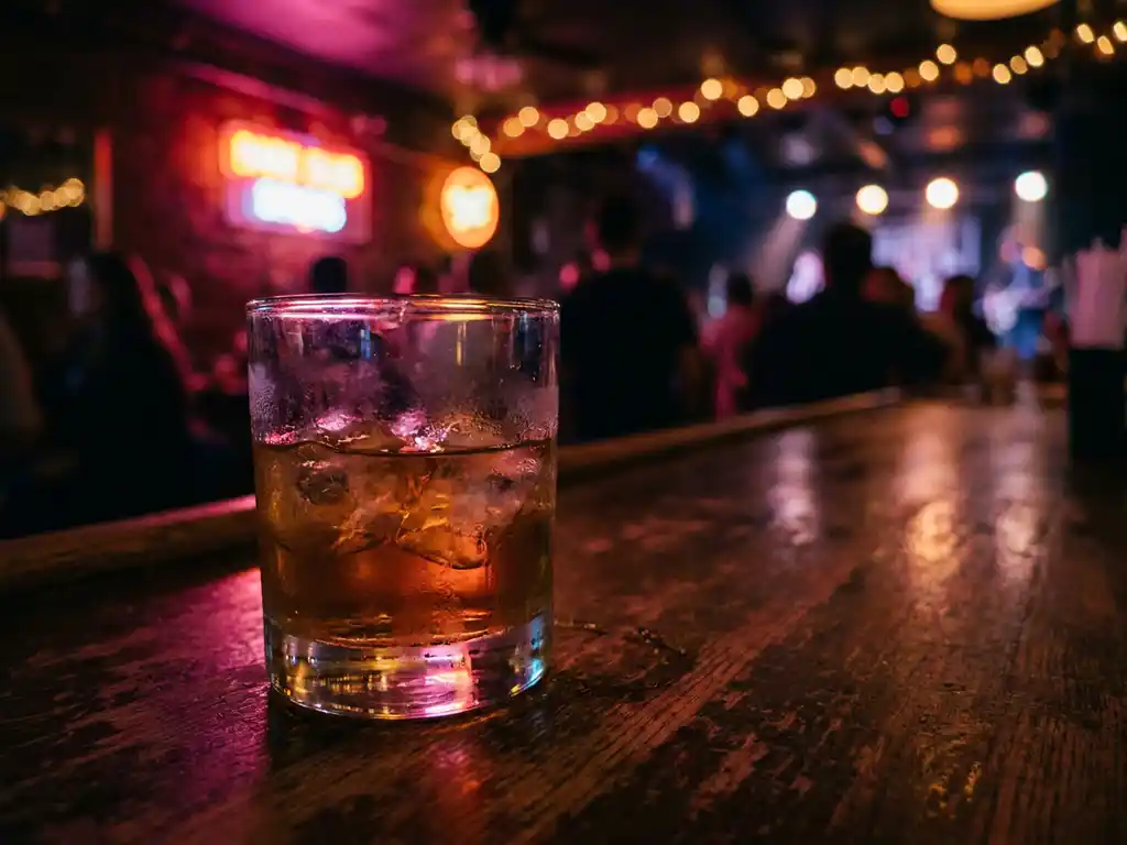 Zwetig whiskyglas met smeltend ijs op donker houten bar, warm barnsteenkleurig licht en magenta bokeh van ondergrondse club op achtergrond.