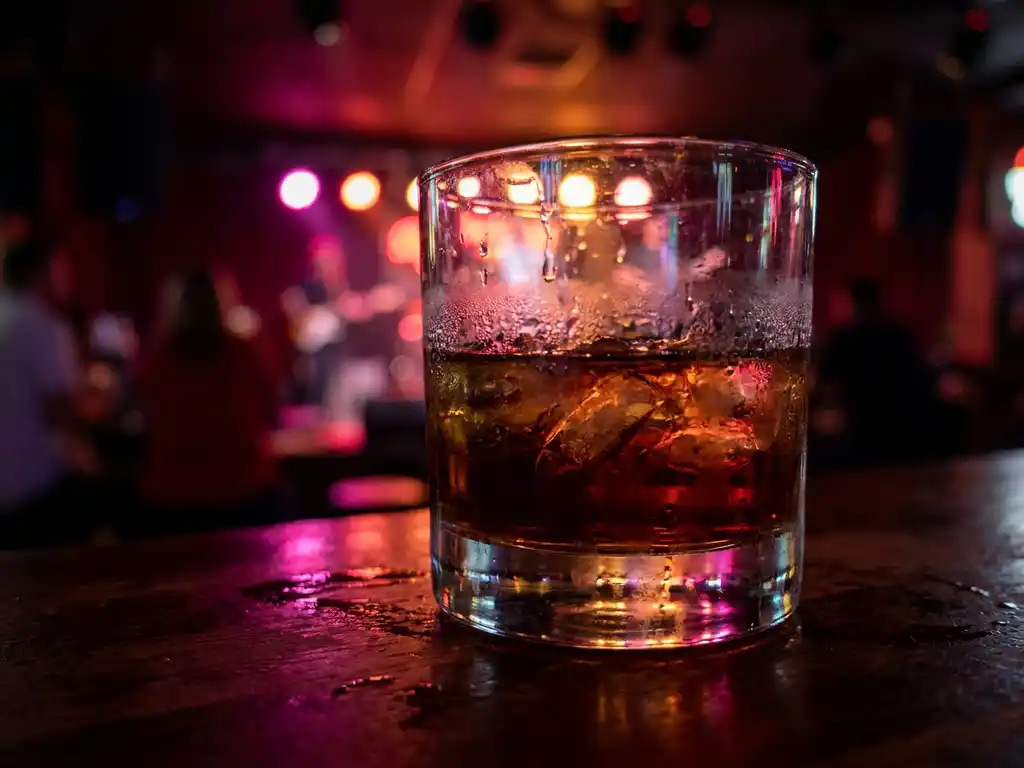 Bevroren whiskeyglas met condensatie op een donkere barkruk, amberkleurig licht en neonroze bokeh van een Amsterdams nachtclubpodium.