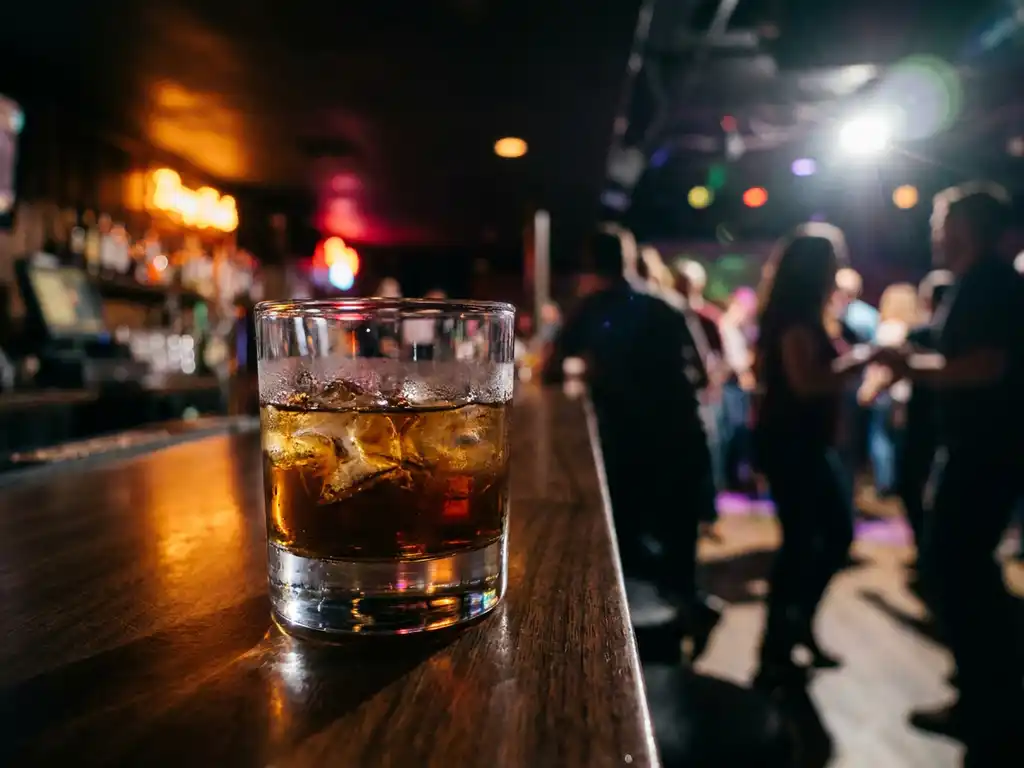 Bevroren whiskeyglas met ijsblokjes op een donkere houten bar, warm barnsteenkleurig licht en vage silhouetten op de dansvloer.