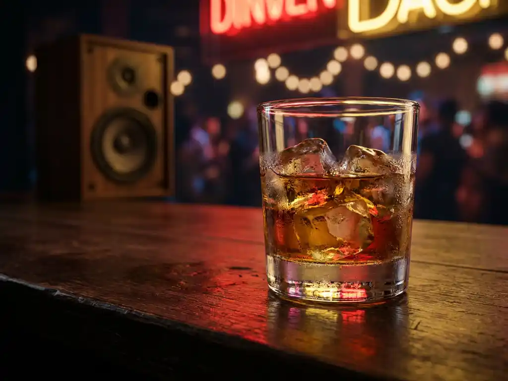 Bevroren whiskeyglas met ijsblokjes op donker houten bartafel, verlicht door warme amber en rode neonreflecties.