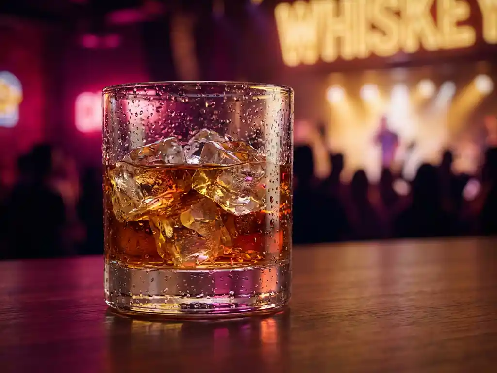 Whiskeyglas met ijs op donkere houten bar, amberkleurige drank in neonlicht, wazige menigte en podiumsilhouetten op de achtergrond.