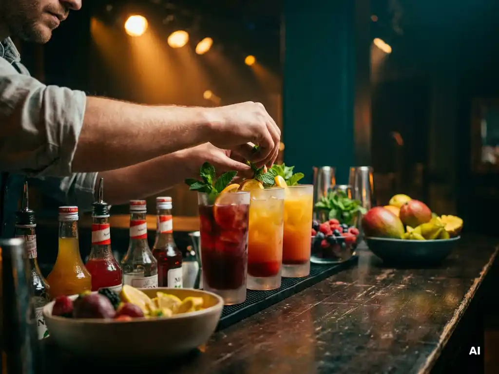 Bartenderhanden schikken kleurrijke mocktails in hoge glazen met verse munt en citrusschijfjes op een donkere houten bar.