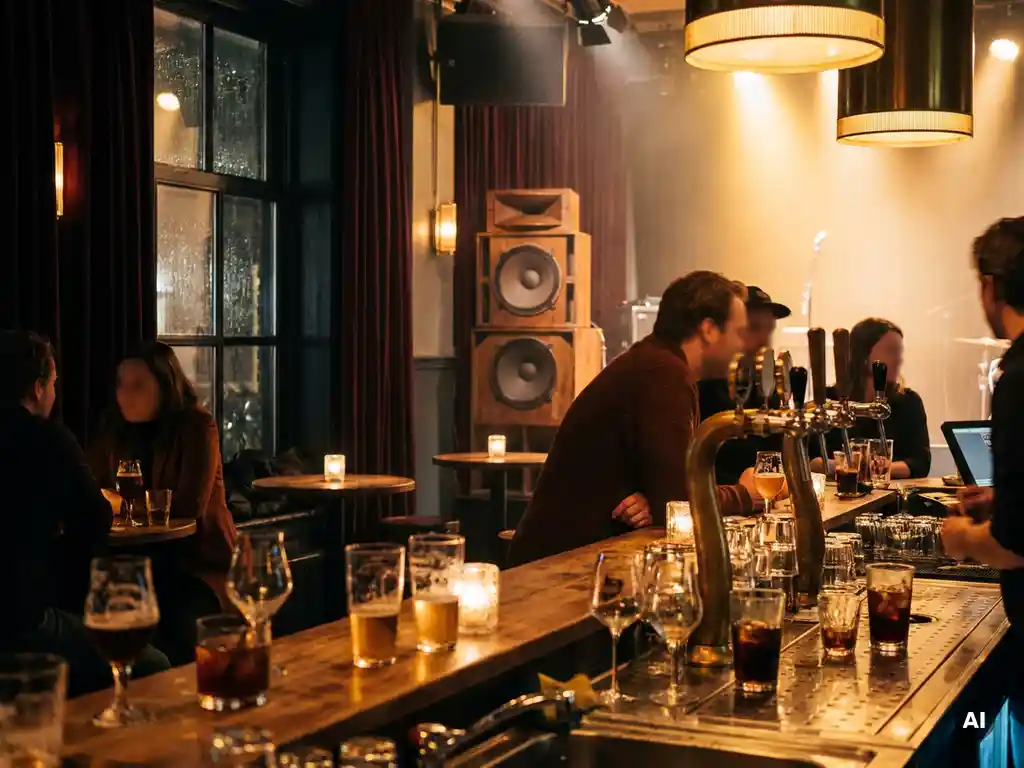 Gezellig Amsterdams muziekcafé met amber podiumverlichting, houten bar met craft bier en cocktails, vintage speakers op de achtergrond.