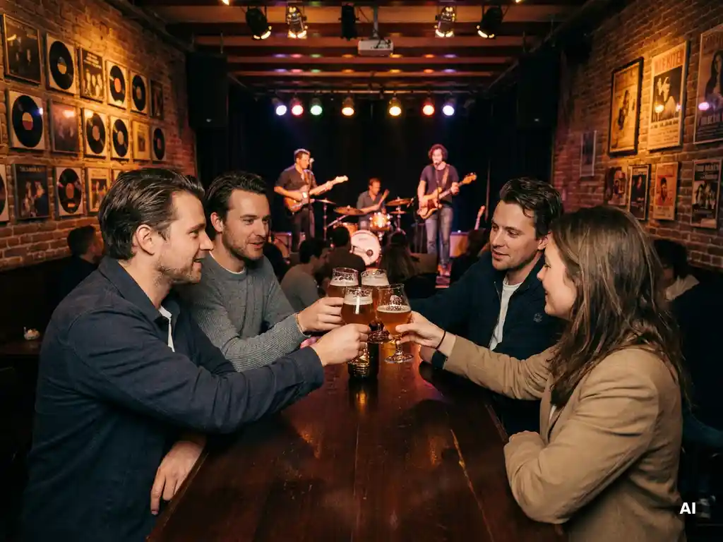 Collega's die proosten met craftbier aan een houten bar in een Amsterdams muziekcafé, met een live band op het podium op de achtergrond.