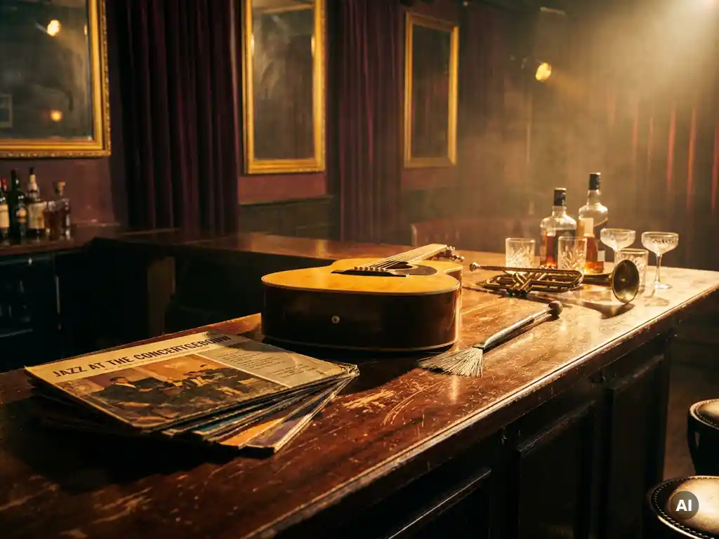 Muziekinstrumenten, vinylplaten en cocktailglazen op een donkere houten bar in een sfeervol Amsterdams muziekcafé met warm amberkleurig licht.