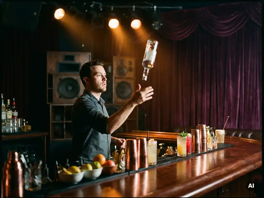 Barman gooit flesje omhoog tijdens flair bartending, cocktailshakers en garnished drinks op glanzende houten bar, sfeervolle nachtclub verlichting.