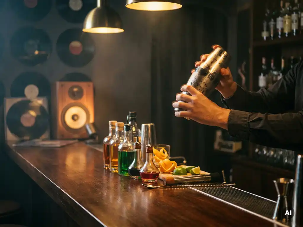 Bartender schudt cocktailshaker op donkere houten bar, omringd door kleurrijke flessen, citrusgarnituren en cocktailtools in warm gouden licht.