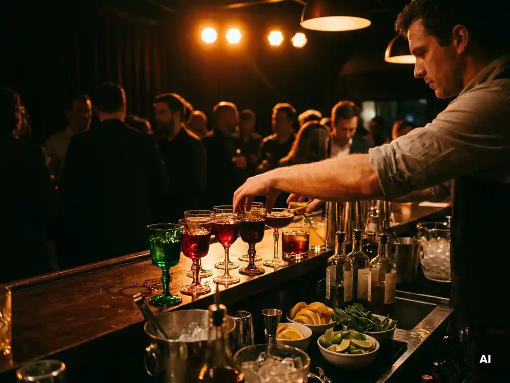 Bartender die kleurrijke cocktailglazen opstelt op een verlichte houten bar, met flessenspiritualiën en citrusgarnituren op de achtergrond.