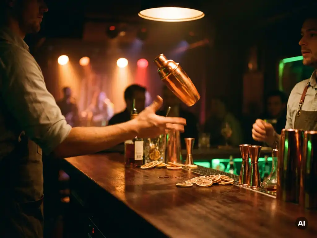 Bartender gooit een glanzende cocktailshaker omhoog boven een donkere houten bar in een Amsterdams café, met citrusschijfjes en jiggers op de voorgrond.