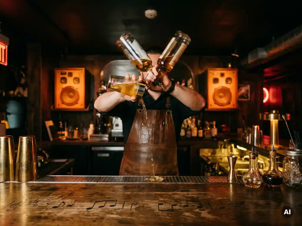 Bartender gooit flessen in de lucht boven een sfeervolle barkroonbar, met neonlichten en vintage speakers op de achtergrond.