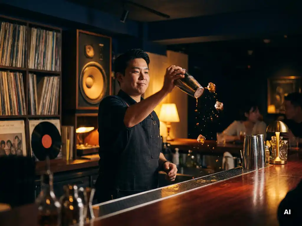 Beginnende barman gooit cocktailshaker omhoog achter een donkere mahonie bar, amberlicht en ijs glinsteren in sfeervolle clubatmosfeer.