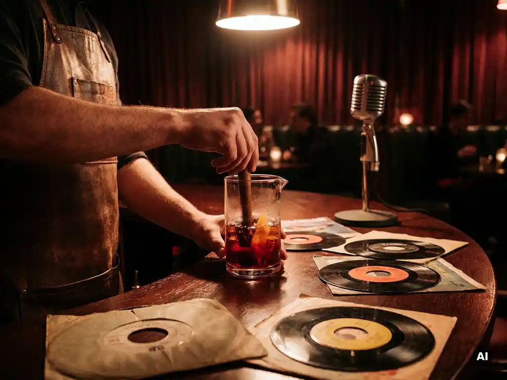 Barman maakt cocktail op donker houten bartafel, omringd door vinylplaten en vintage microfoon in sfeervol amberkleurig licht.