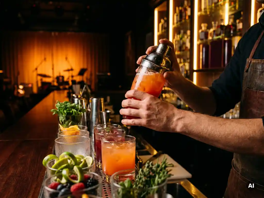 Barman die een cocktail mixt aan een donkere bar met verse garnituren, gloeiende flessenplanken en een warme amberkleurige achtergrond.