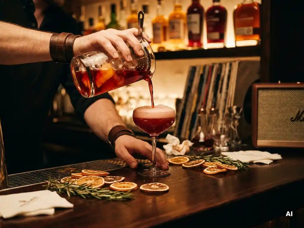 Barman schenkt levendige cocktail in coupéglas op donkere houten bar, omringd door citrusschijfjes en verse kruiden, sfeervol amberkleurig licht.