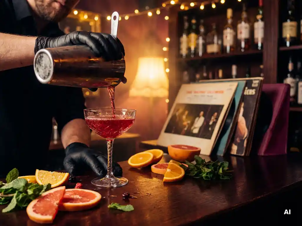 Barman schenkt levendige cocktail in kristallen glas op donkere houten bar, omringd door citrusschijfjes en verse munt in sfeervol nachtclublicht.