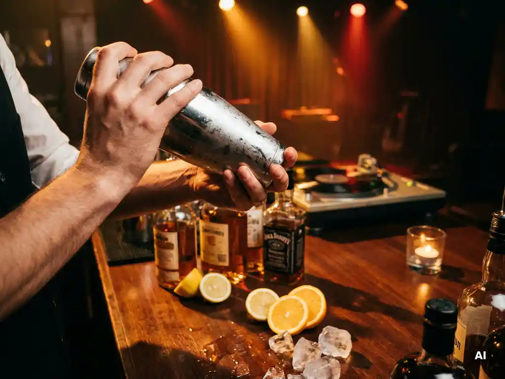 Bartender schudt cocktailshaker boven donkere houten bar met citrusschijfjes, ijsblokjes en kleurrijke flessen in sfeervolle nachtclub.