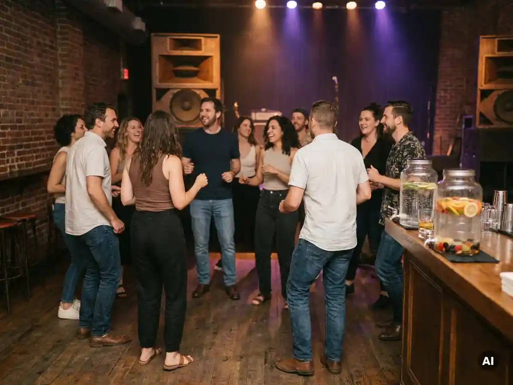 Collega's lachen en dansen in poppodium Bitterzoet, verlicht door amberkleurige en violette podiumlichten tegen bakstenen muren.
