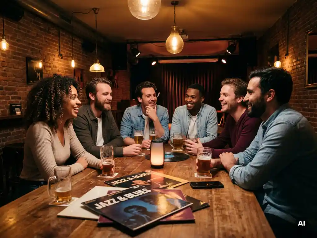 Collega's lachen samen aan een houten bartafel met drankjes en vinylplaten in een Amsterdams muziekcafé met bakstenen muren en warm amberkleurig licht.