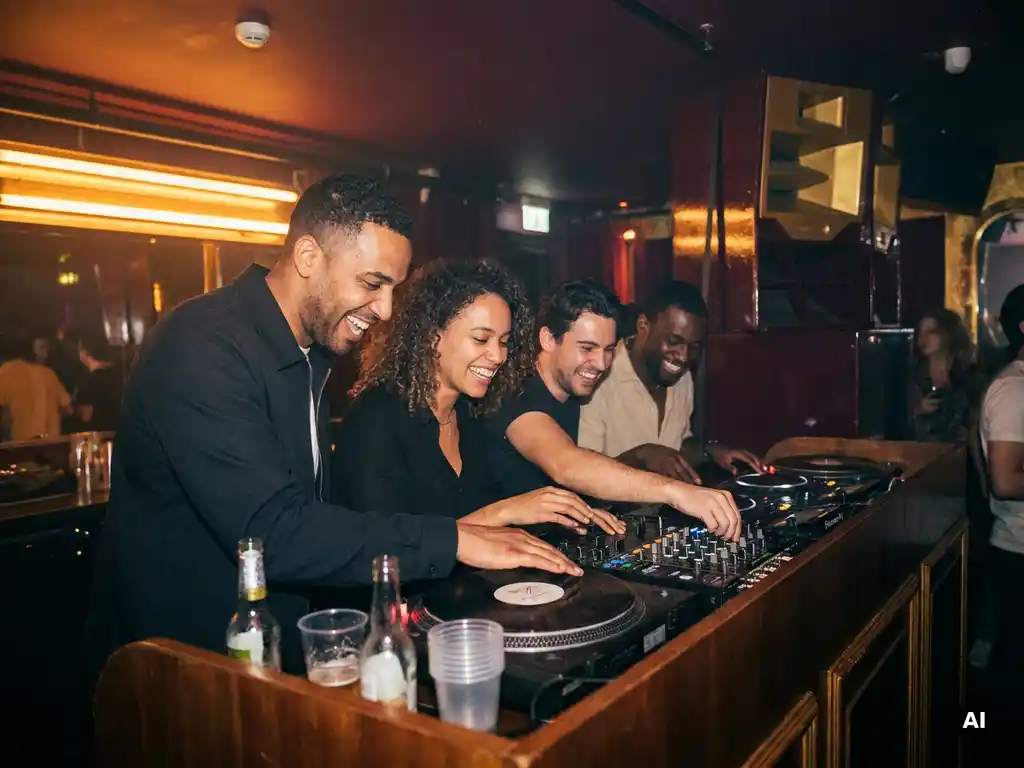 Collega's lachen samen rond een dj-booth in een Amsterdamse club, handen reiken naar vinylplaten en mixerknoppen in warm amberkleurig licht.