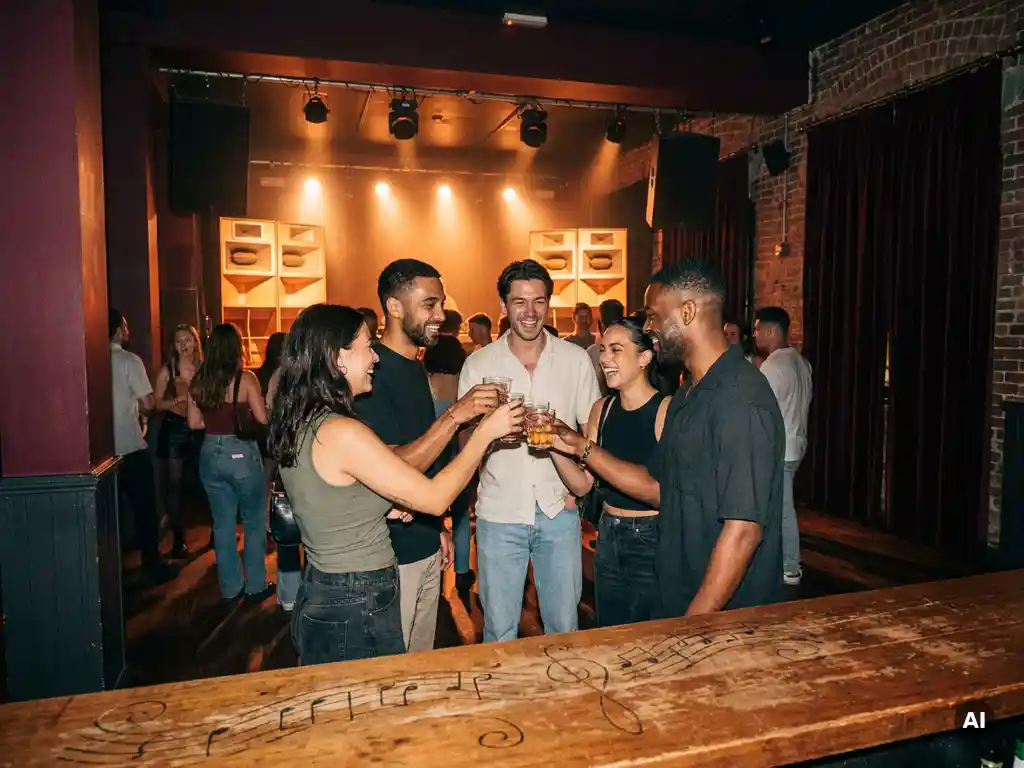 Collega's lachen en proosten met drankjes op een dansvloer, verlicht door warm amber licht van grote speakerstacks in een intieme underground club.