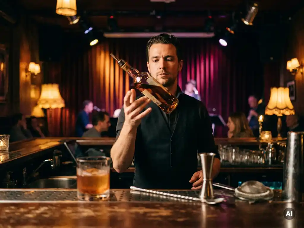 Bartender oefent flair bartending met ronddraaiende flesjes achter donkere houten bar in sfeervol Amsterdams nachtclub interieur.